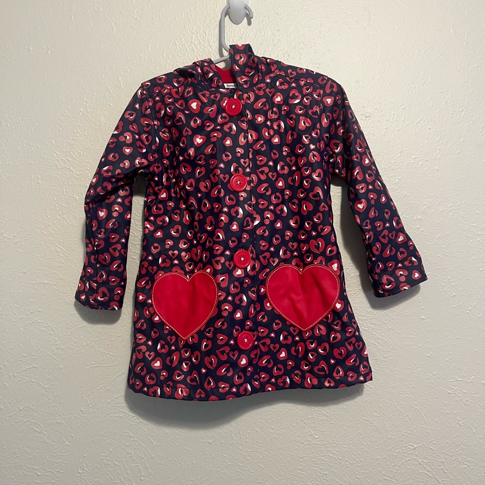 Hartstrings Girls Rain Coat Jacket Hooded Red Navy Cheetah Pockets Buttons 24m